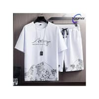 TOUPHY T-Shirts +Shorts 100% Cotton Men's Short Sleeve Set-Black